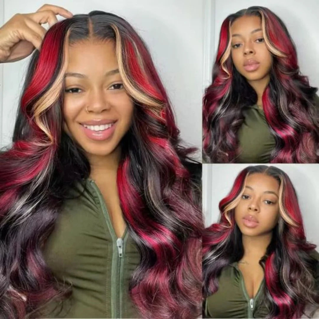 13X6 Black with Red Blonde Highlight Wig Synthetic 13x4 Lace Front Wigs Pre Plucked With Hairline Women's Wig Lace Frontal Wig