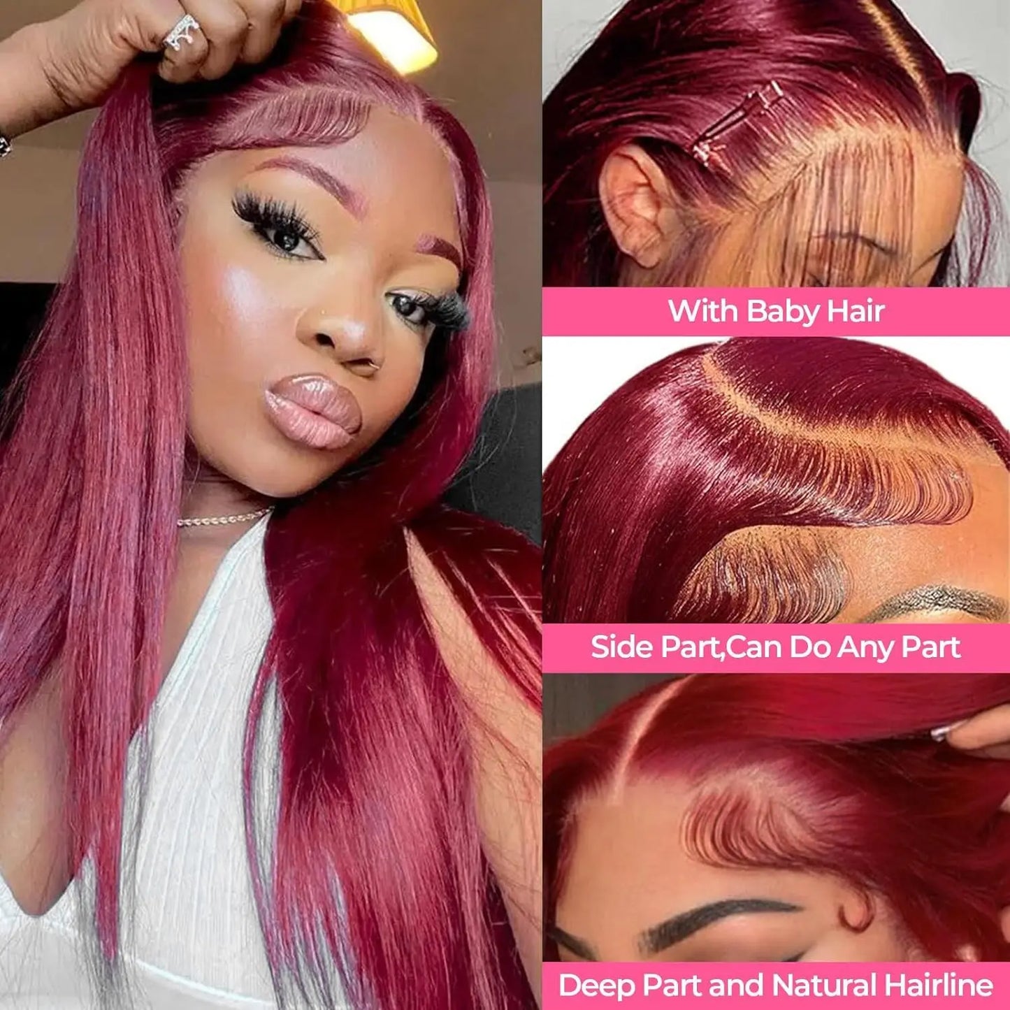 Lace Frontal Wig Human Hair Pre Plucked Straight Red Colored Wig