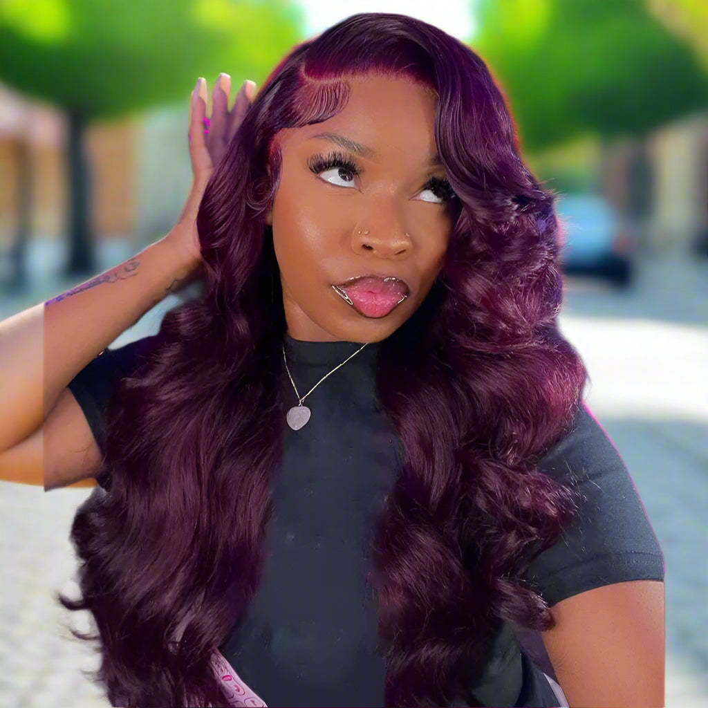 Dark Purple Body Wave Human Hair Wigs Pre Plucked