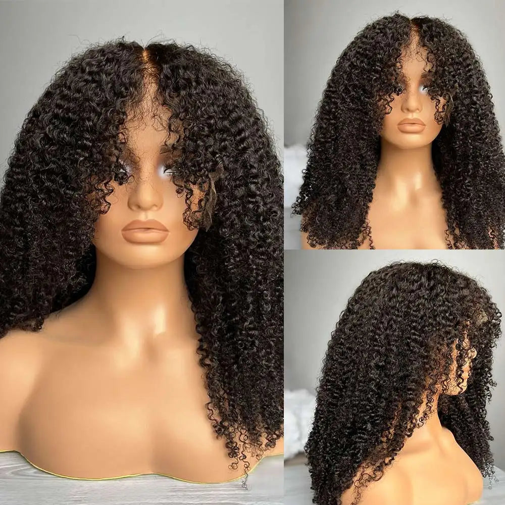Lace Front Human Hair Wig KInky Curly Wigs With Bangs Preplucked Natural Hairline