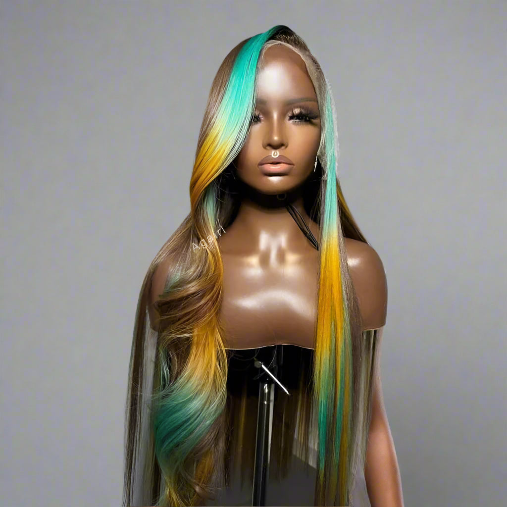 Highlights Ombre Blue Yellow 613 Colored Lace Closure Body Wave Wigs