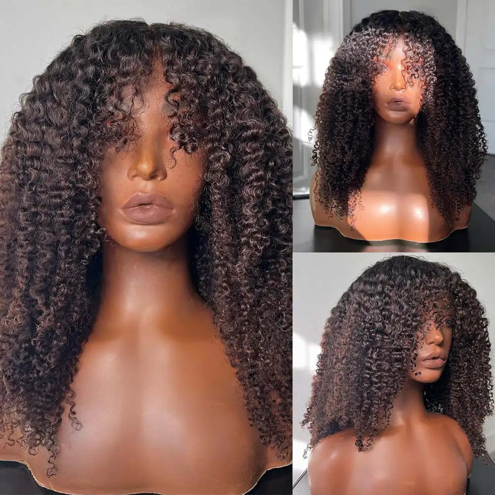 Lace Front Human Hair Wig KInky Curly Wigs With Bangs Preplucked Natural Hairline