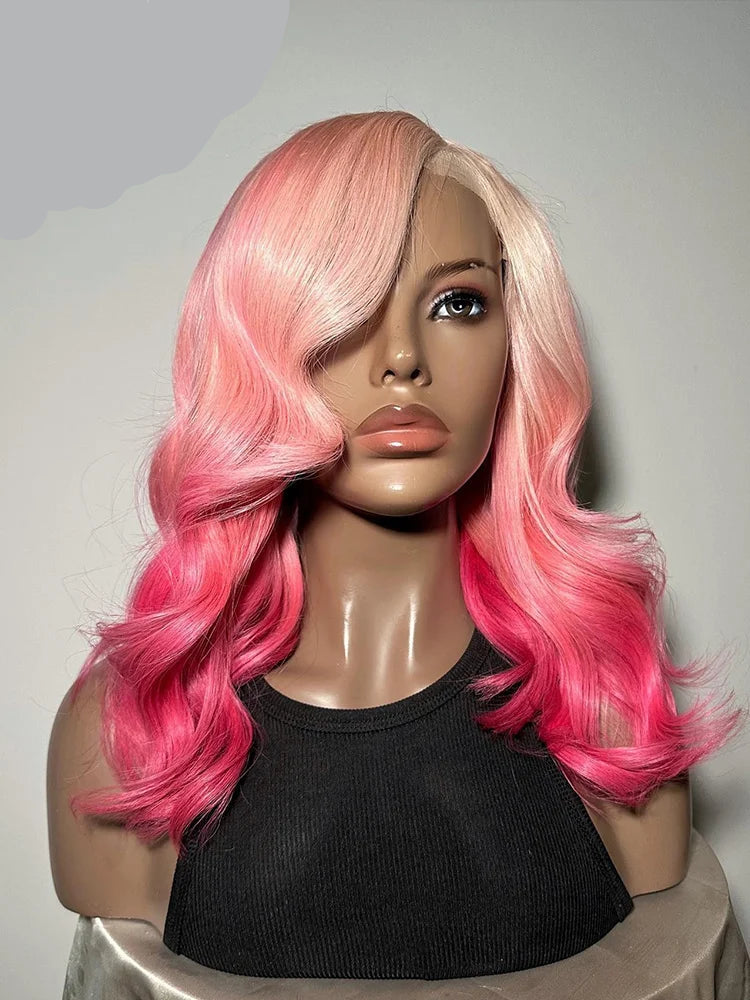 Transparent Lace Frontal Wig 2 Tones Colored Ombre Light Blue Pink Body Wave