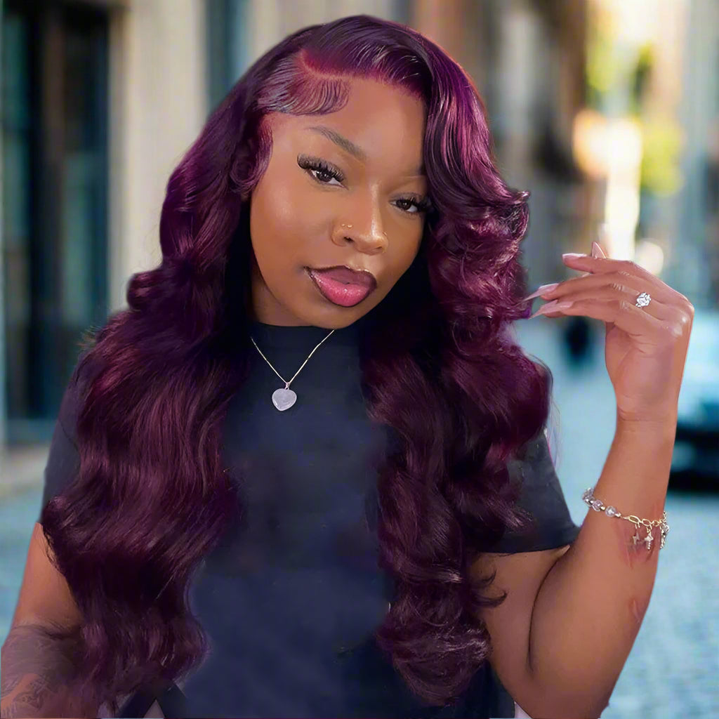 Dark Purple Body Wave Human Hair Wigs Pre Plucked