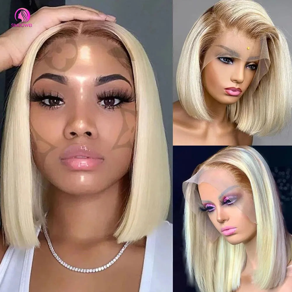 Blonde Short Bob Wig Transparent Lace Front Human Hair Wigs