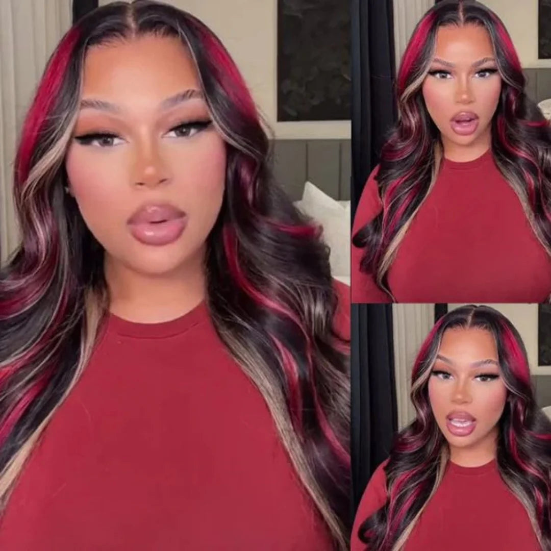 13X6 Black with Red Blonde Highlight Wig Synthetic 13x4 Lace Front Wigs Pre Plucked With Hairline Women's Wig Lace Frontal Wig