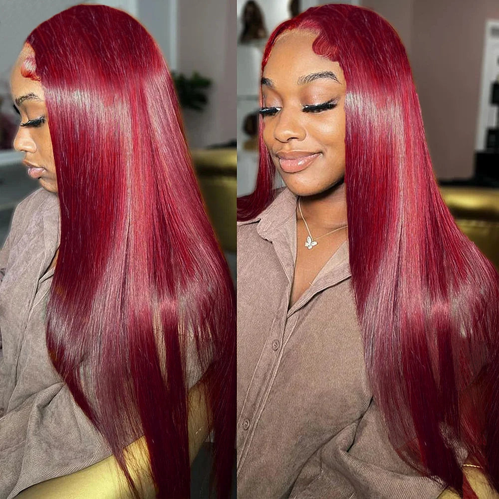 Lace Frontal Wig Human Hair Pre Plucked Straight Red Colored Wig