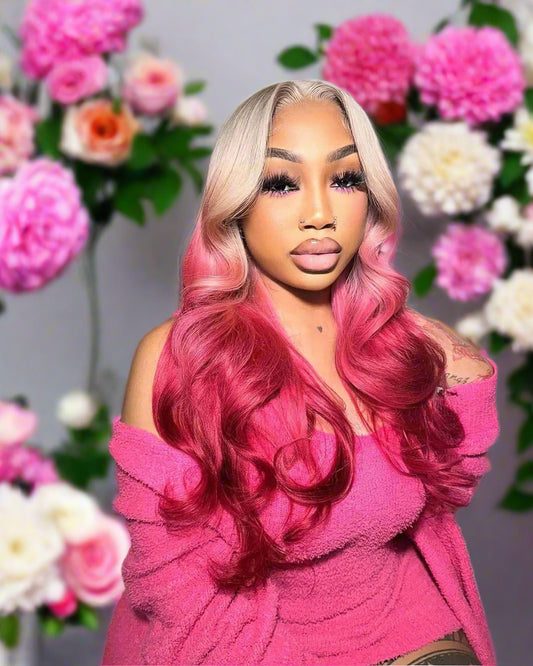 Ombre Grey Pink red Hair Wig Lace Frontal Wig Body Wave 613 Colored Brazilian Human Hair Wig