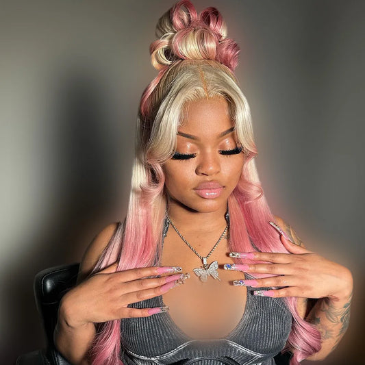 Women Ombre Pink Lace Frontal Human Hair Wigs Body Wave