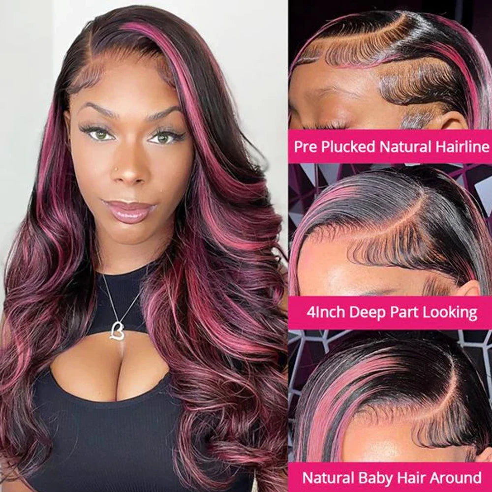 Pink Highlight Colored Lace Front Wig Synthetic Glueless Loose Wave Pre Plucked 13x4 HD Transparent Lace Frontal Wigs For Women