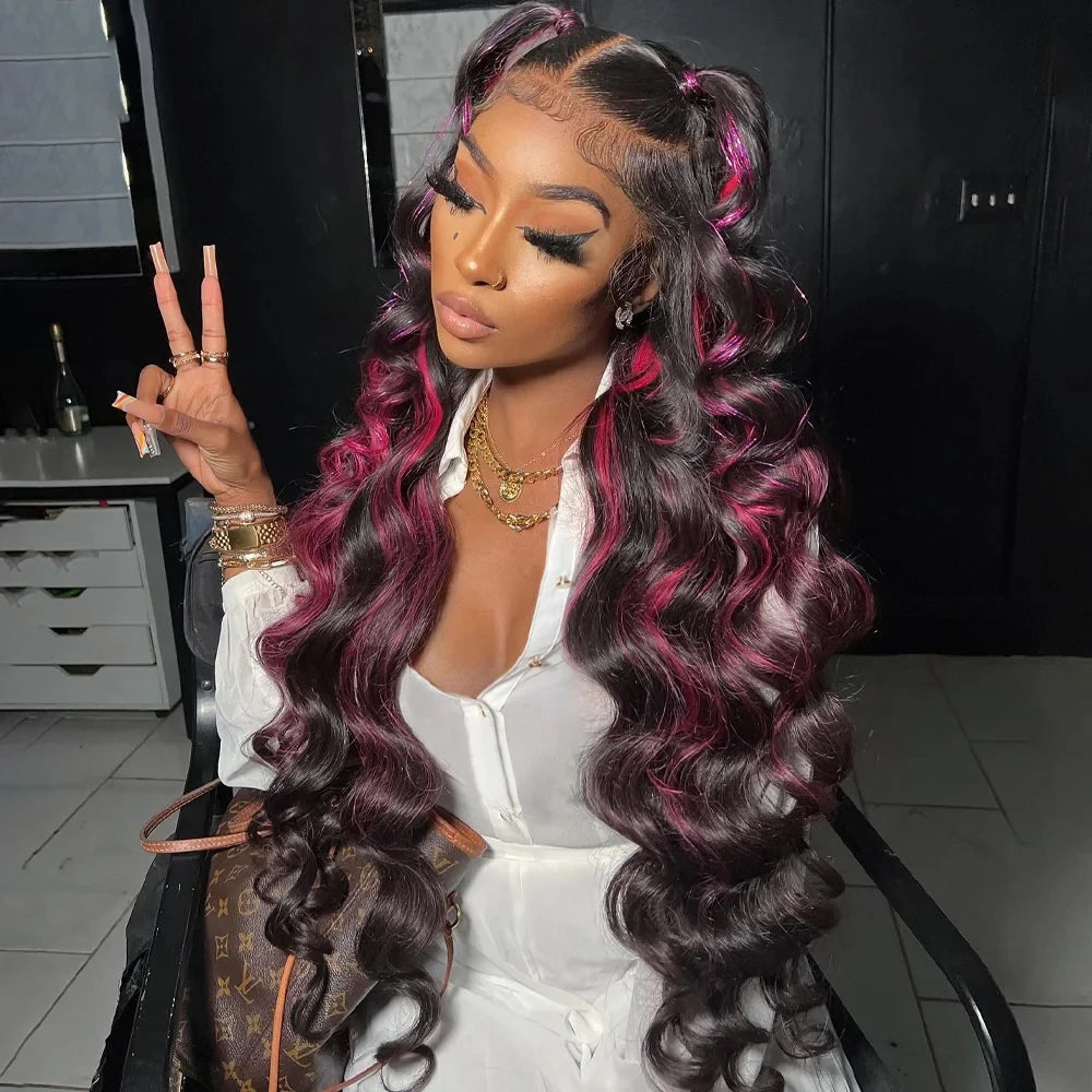 Pink Highlight Colored Lace Front Wig Synthetic Glueless Loose Wave Pre Plucked 13x4 HD Transparent Lace Frontal Wigs For Women