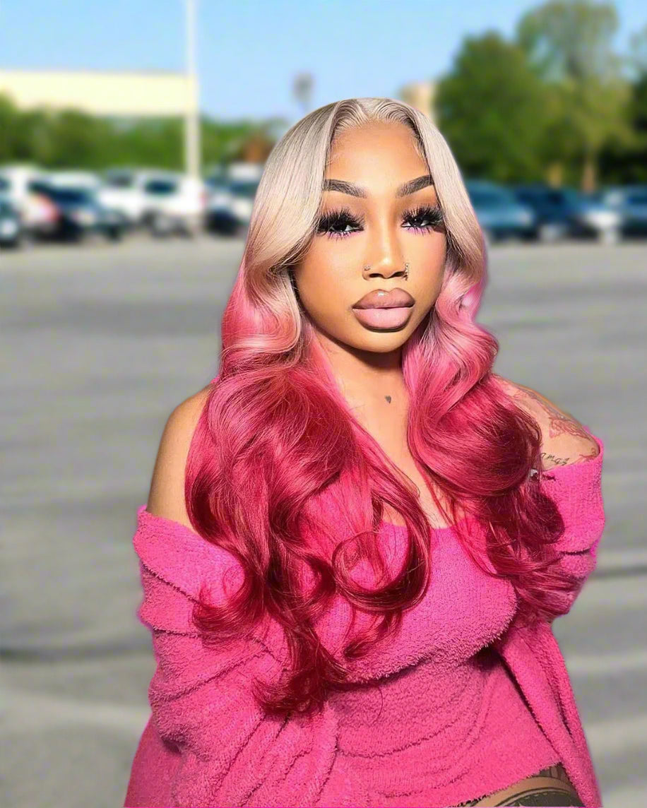 Ombre Grey Pink red Hair Wig Lace Frontal Wig Body Wave 613 Colored Brazilian Human Hair Wig