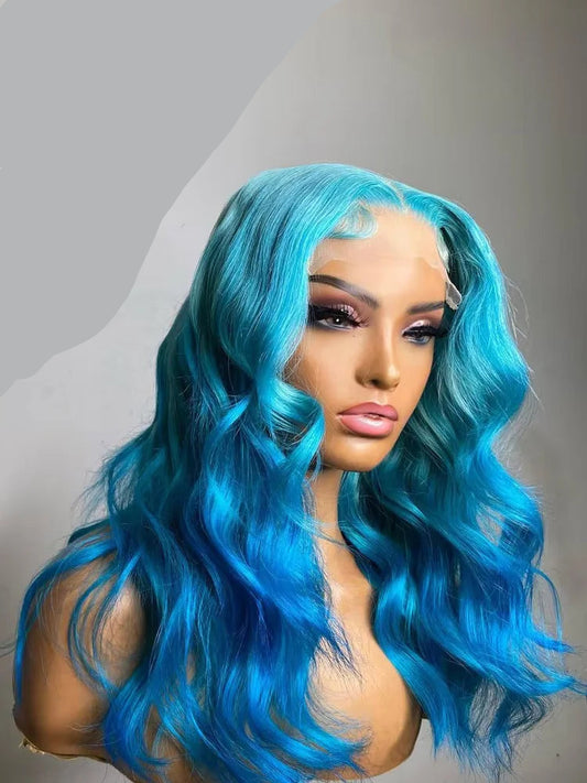 Transparent Lace Frontal Wig 2 Tones Colored Ombre Light Blue Pink Body Wave