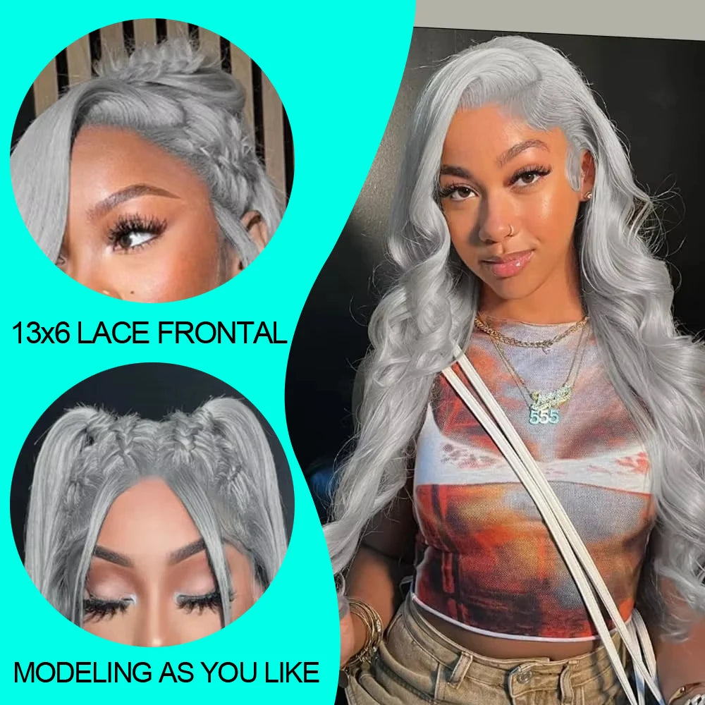 Body Wave Silver Grey 13X4 Lace Front Wigs Human Hair