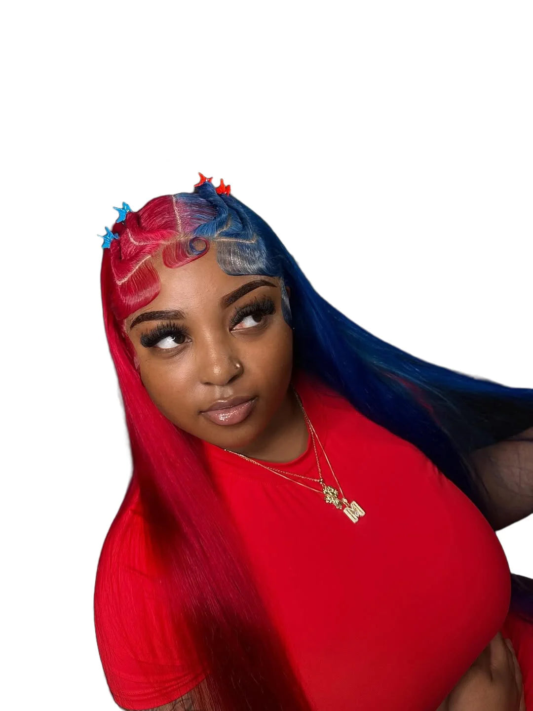Red With Blue Lace Frontal Human Hair Wigs Straight Pre Plucked