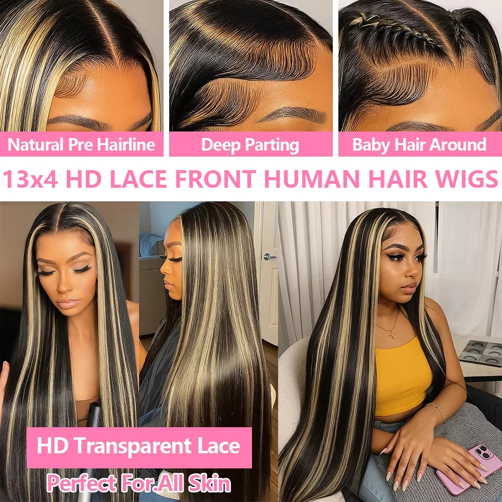 Highlight Bone Straight Lace Front Human Hair Wigs Real 200% Brazilian