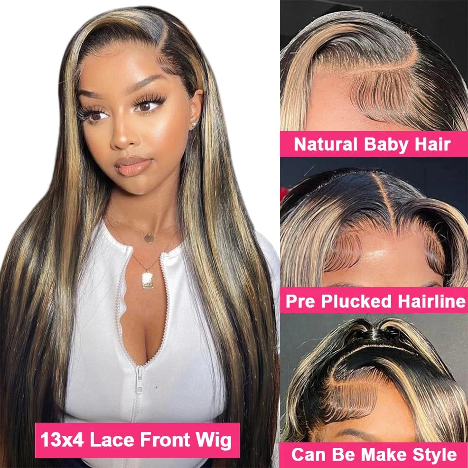 Highlight Bone Straight Lace Front Human Hair Wigs Real 200% Brazilian
