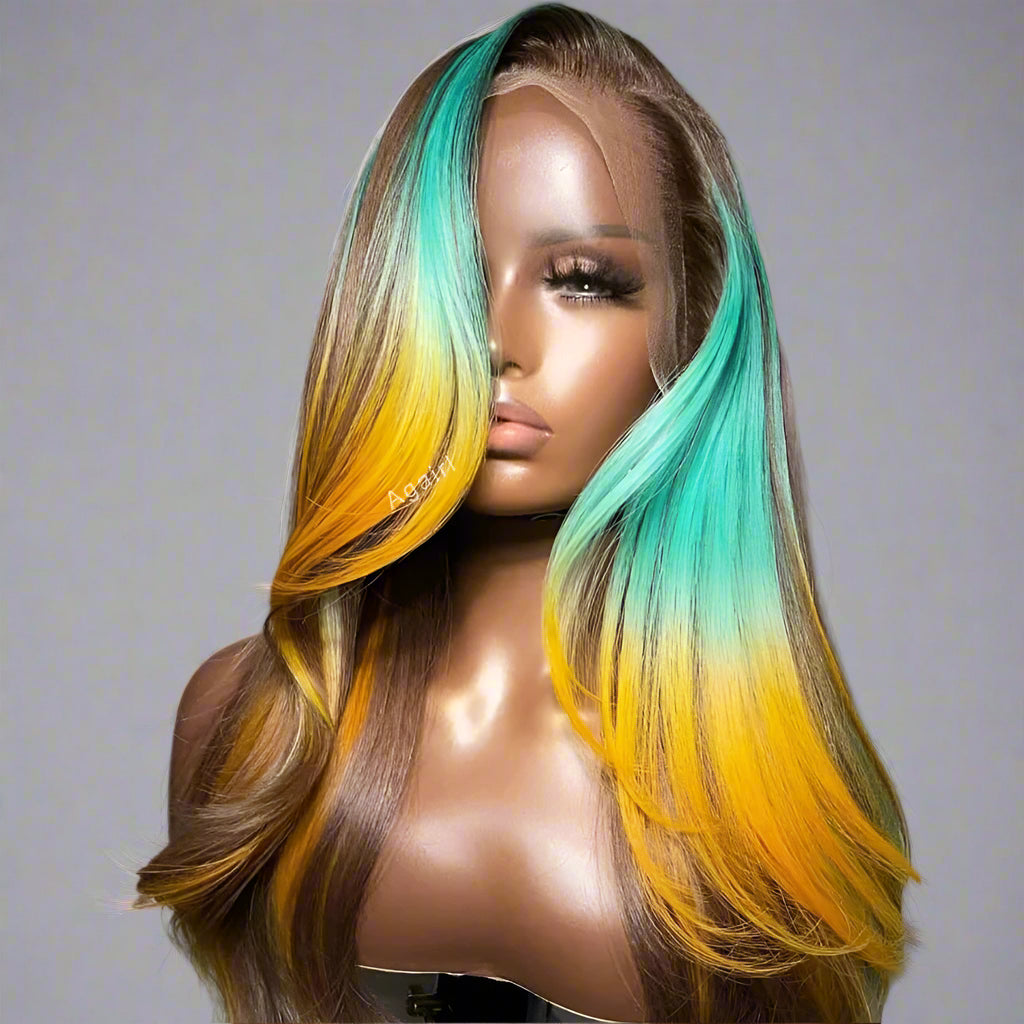 Highlights Ombre Blue Yellow 613 Colored Lace Closure Body Wave Wigs