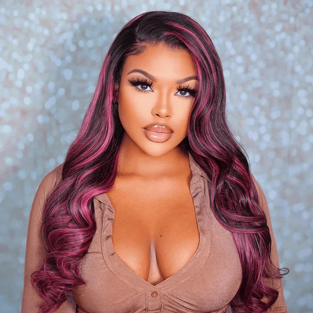 Pink Highlight Colored Lace Front Wig Synthetic Glueless Loose Wave Pre Plucked 13x4 HD Transparent Lace Frontal Wigs For Women