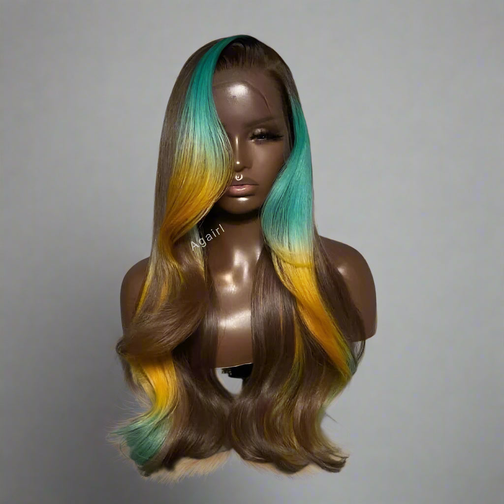 Highlights Ombre Blue Yellow 613 Colored Lace Closure Body Wave Wigs