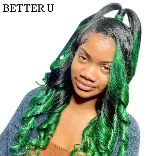 Straight Ombre Black Green Colored Human Hair Wig Pre-Plucking Two Tone Color