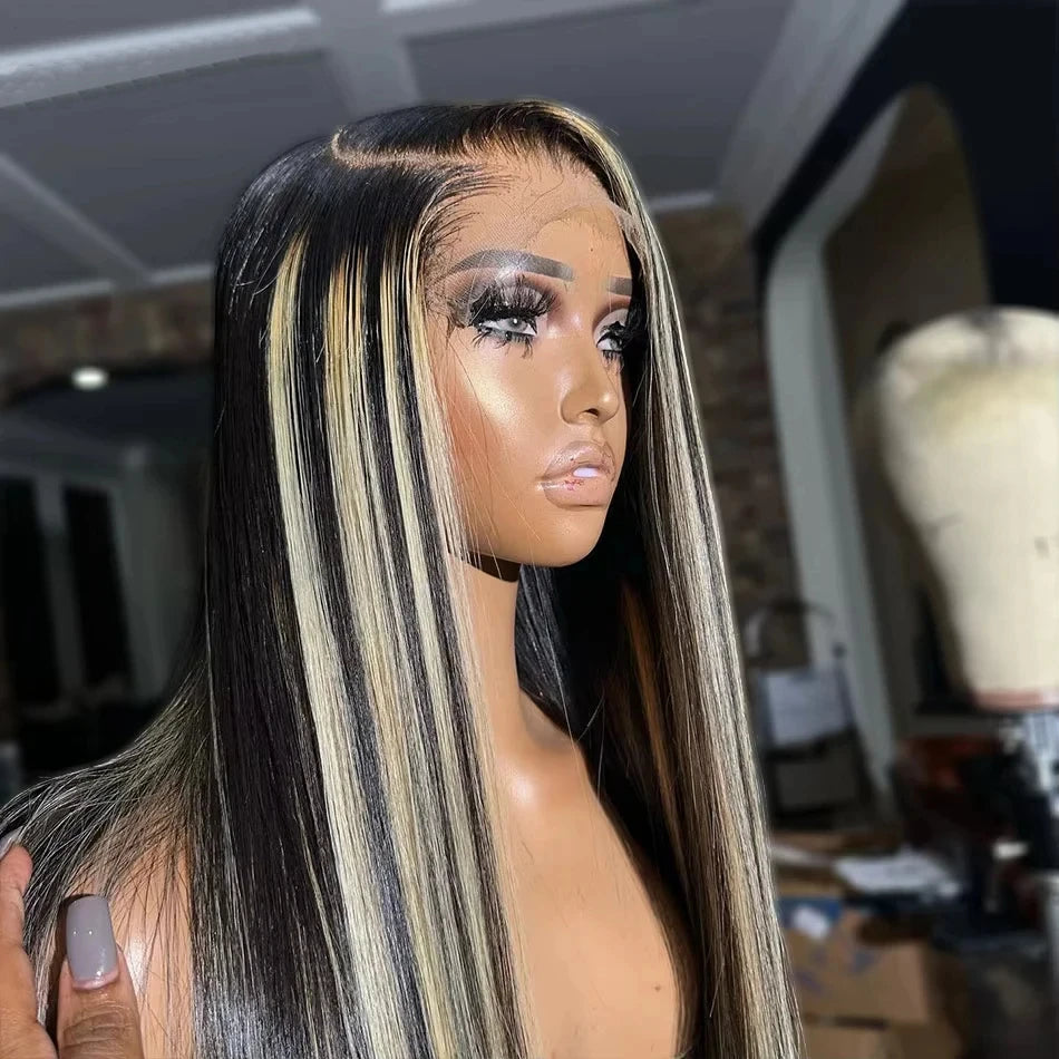 Highlight Bone Straight Lace Front Human Hair Wigs Real 200% Brazilian