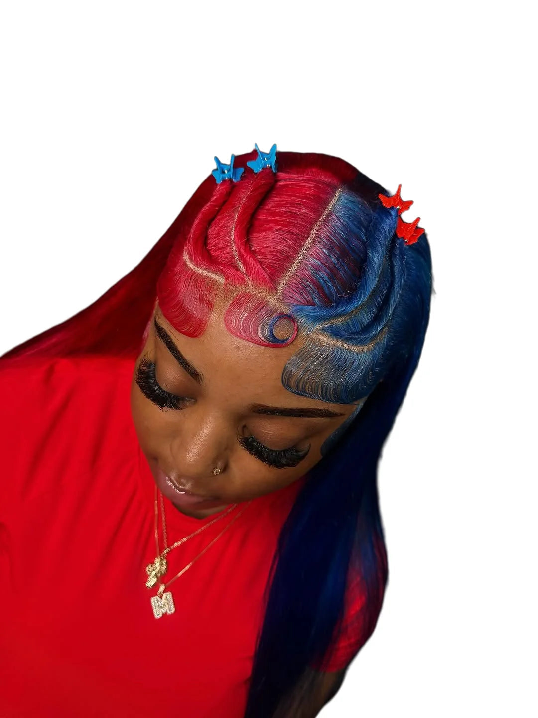 Red With Blue Lace Frontal Human Hair Wigs Straight Pre Plucked