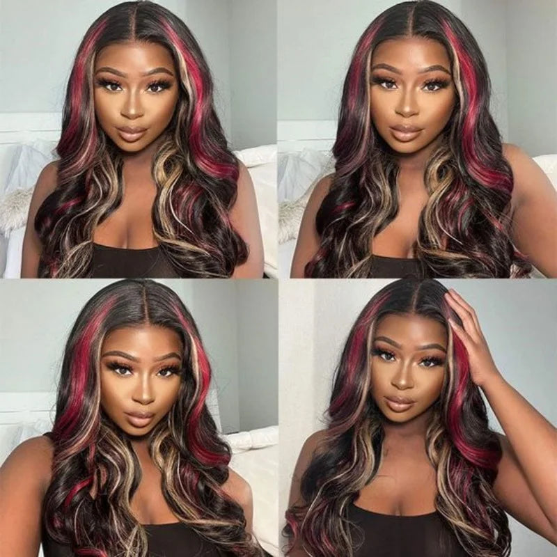 13X6 Black with Red Blonde Highlight Wig Synthetic 13x4 Lace Front Wigs Pre Plucked With Hairline Women's Wig Lace Frontal Wig