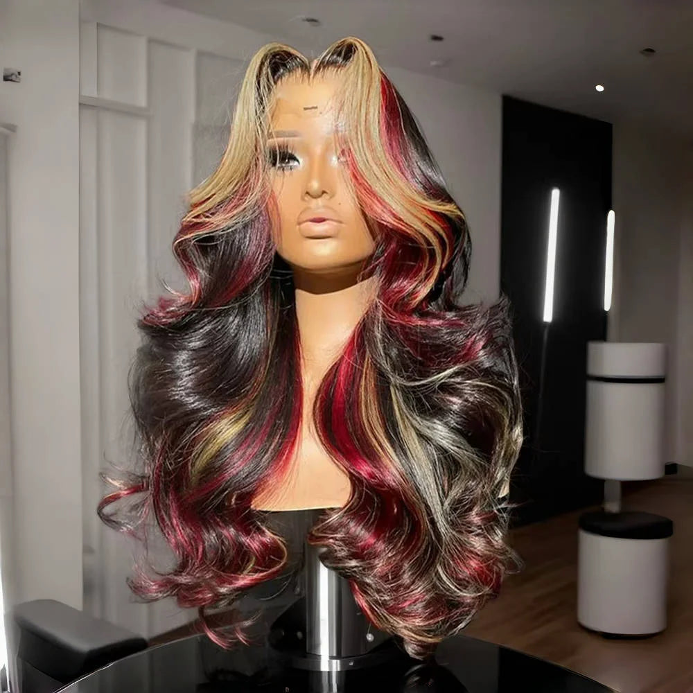 13X6 Black with Red Blonde Highlight Wig Synthetic 13x4 Lace Front Wigs Pre Plucked With Hairline Women's Wig Lace Frontal Wig