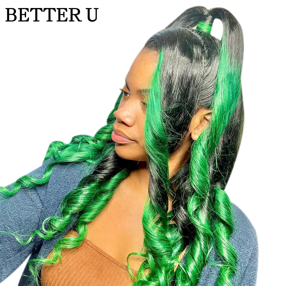 Straight Ombre Black Green Colored Human Hair Wig Pre-Plucking Two Tone Color