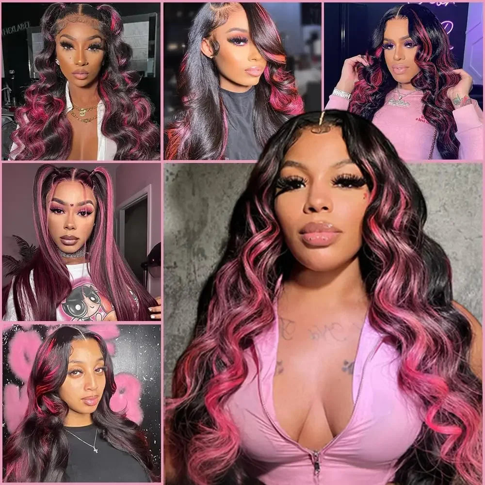 Pink Highlight Colored Lace Front Wig Synthetic Glueless Loose Wave Pre Plucked 13x4 HD Transparent Lace Frontal Wigs For Women