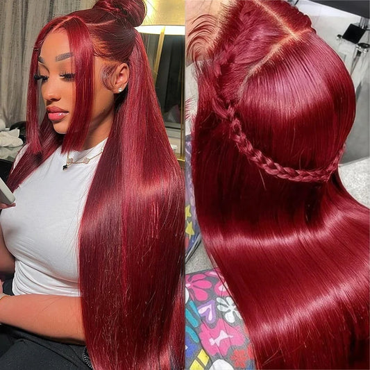 Lace Frontal Wig Human Hair Pre Plucked Straight Red Colored Wig